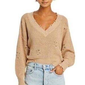 SER.O.YA Distressed V-Neck Knit Sweater in Beige - Size L